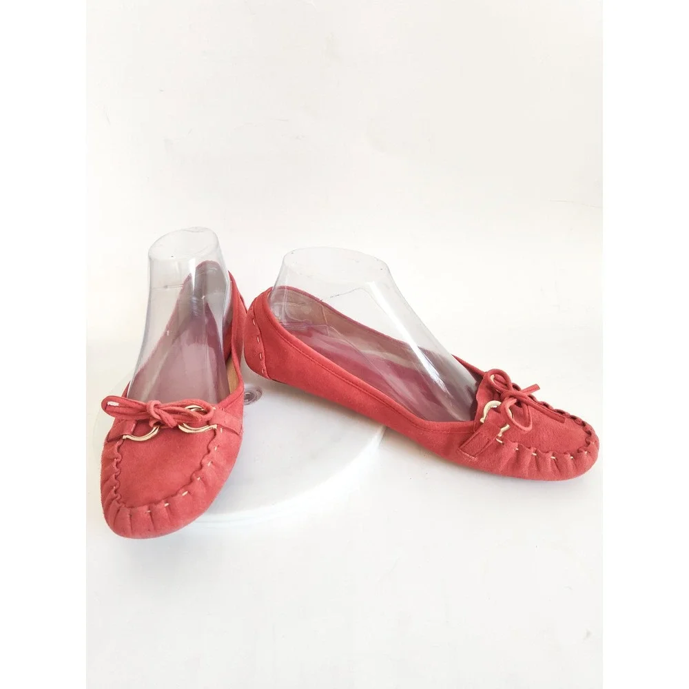 Kate Spade Flats Loafers 8 Moccasin Red Suede Bow Gold Horsebit Driving Shoes
